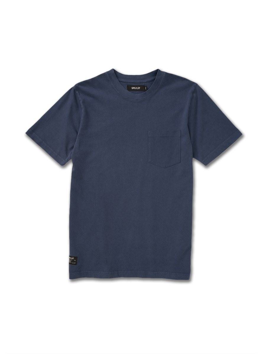 Navy blue cotton t-shirt with a pocket on a white background. USA MADE