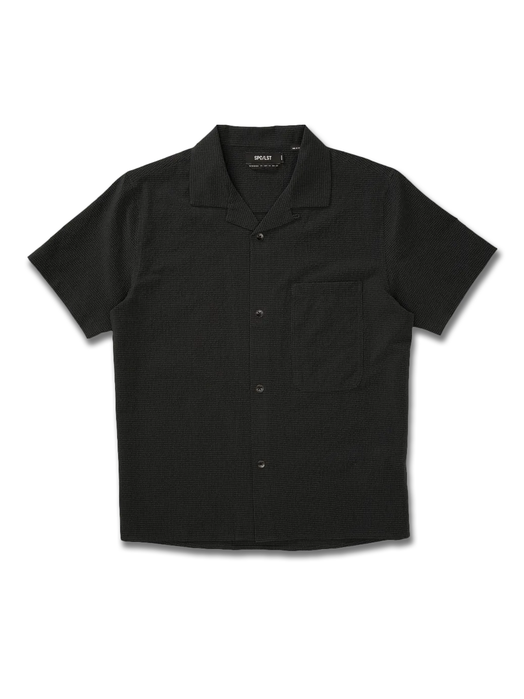 Black short-sleeve button-up shirt on a white background