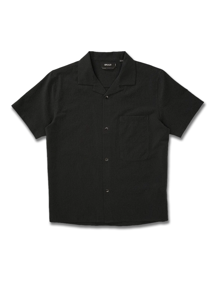 Black short-sleeve button-up shirt on a white background